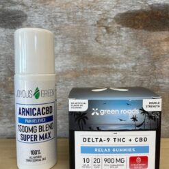 BUNDLE # 4--Arnica CBD 1500mg Topical Pain Relief**AND**GR Delta 9 + THC Relax gummies 10mg D9 THC, 20mg CBD-30ct.